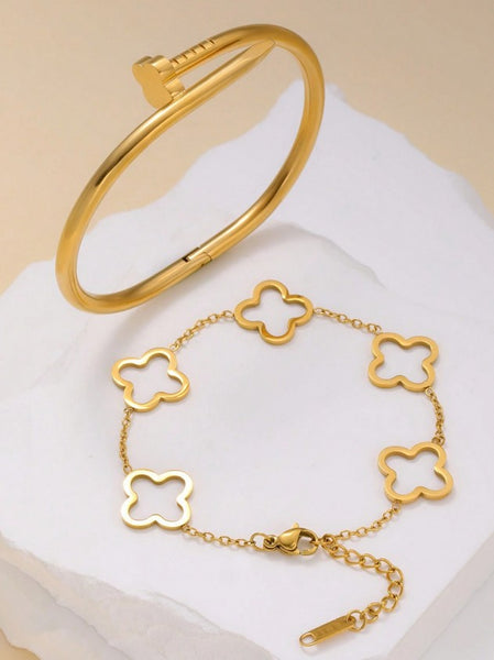 Sparkling Clover Rivet Bracelet & Bangle Set