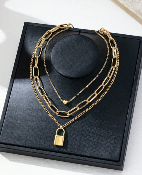 Sparkling Lock Heart Layered Necklace