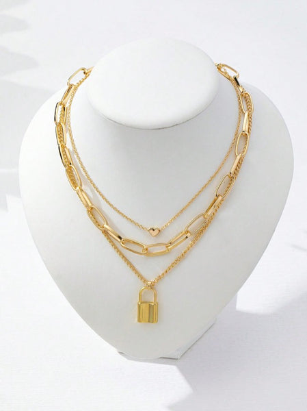 Sparkling Lock Heart Layered Necklace