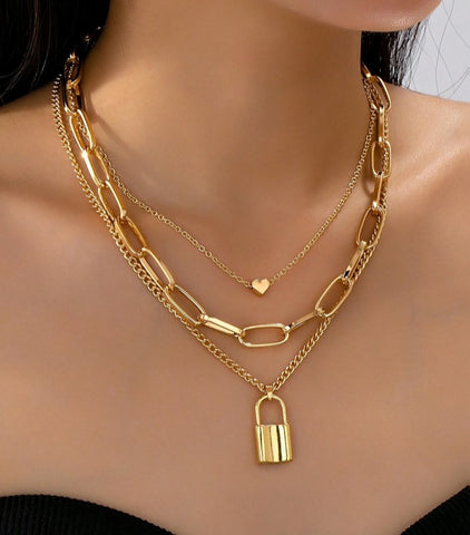 Sparkling Lock Heart Layered Necklace
