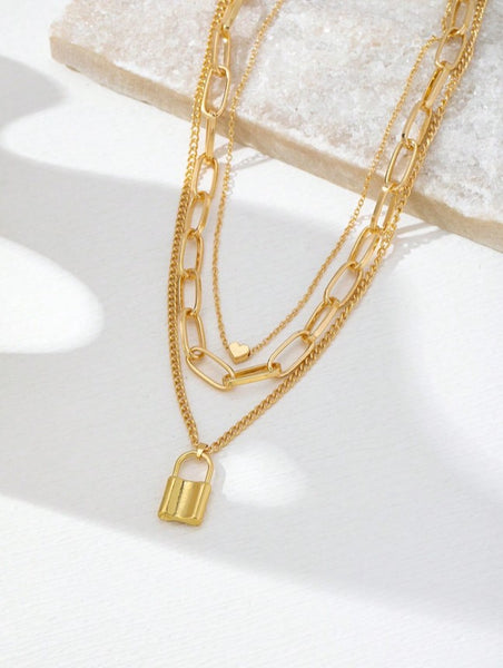 Sparkling Lock Heart Layered Necklace