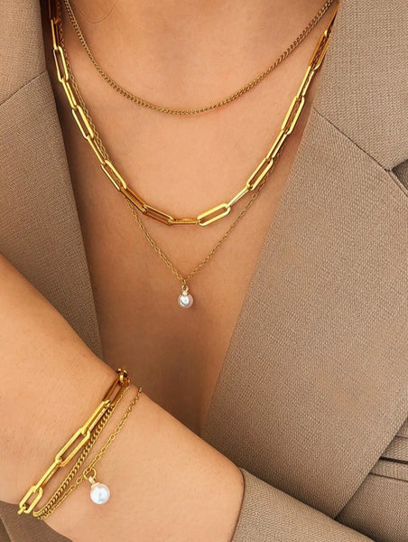 Sparkling Pearl Layered Bracelet & Necklace Set