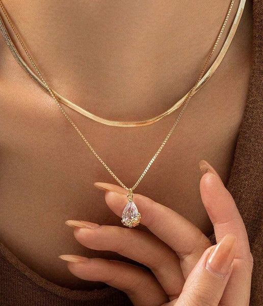 Sparkling Faux Teardrop Crystal Charm Necklace