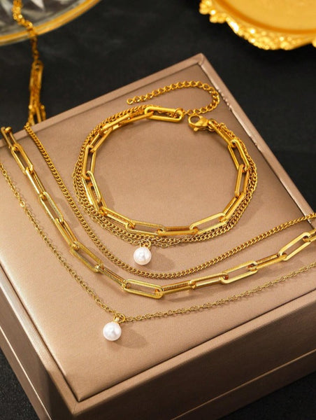 Sparkling Pearl Layered Bracelet & Necklace Set