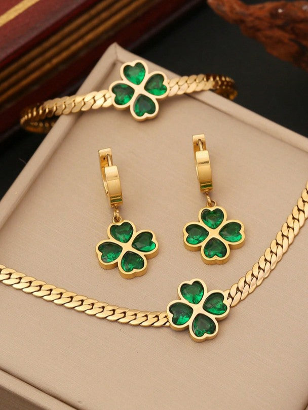 Sparkling Lucky Clover Leaf Jewelry Set