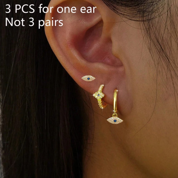 Sparkling 3PCS Vintage 18K Gold Plated Evil Eye Earring