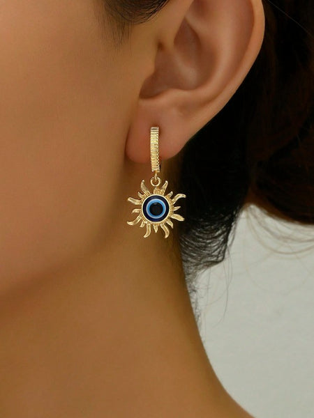 Sparkling Sun Decorated Evil Eye Pendant Earrings