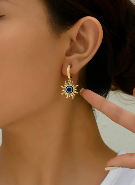 Sparkling Sun Decorated Evil Eye Pendant Earrings