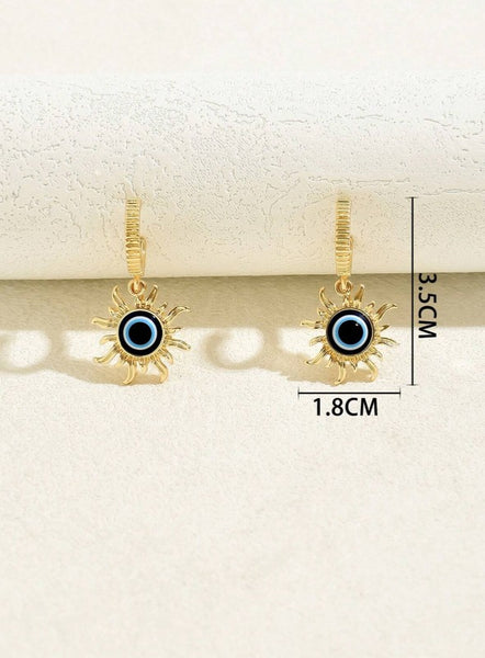 Sparkling Sun Decorated Evil Eye Pendant Earrings