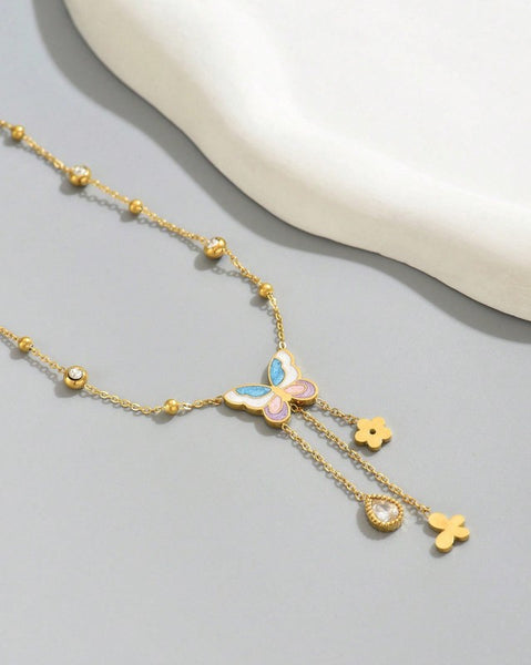 Sparkling Stainless Steel Colorful Butterfly & Water Drop Zirconia