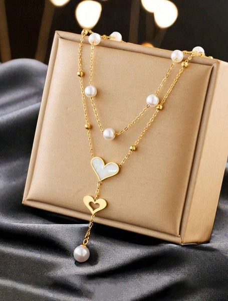 Sparkling Stainless Steel Double Layer Chain Necklace With Heart Pendant