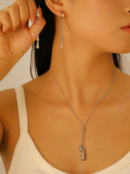 Sparkling Oval & Water Drop Pendant Necklace + Earrings