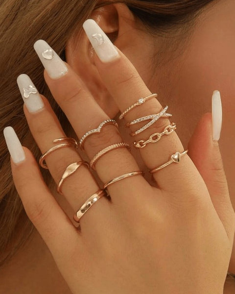 Sparkling 10pcs/Set Unique Minimalist Criss-Cross Rhinestone Rings