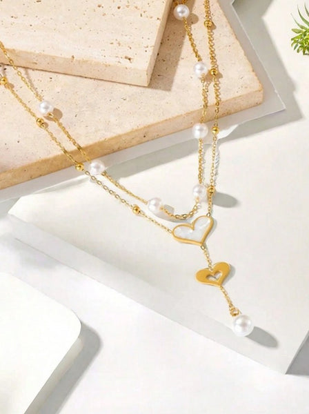 Sparkling Stainless Steel Double Layer Chain Necklace With Heart Pendant