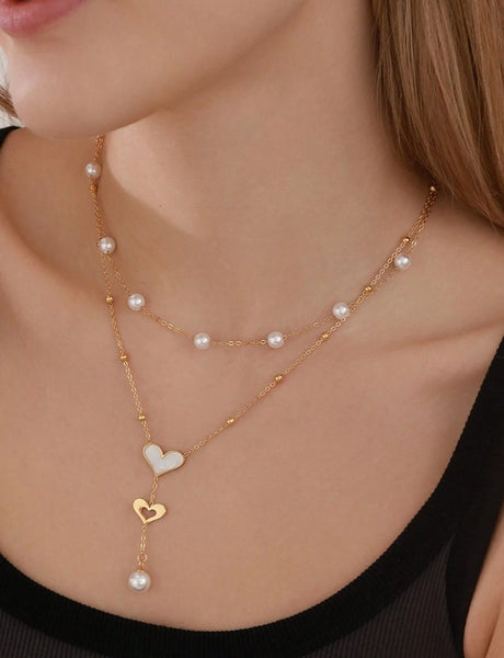 Sparkling Stainless Steel Double Layer Chain Necklace With Heart Pendant