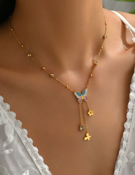 Sparkling Stainless Steel Colorful Butterfly & Water Drop Zirconia