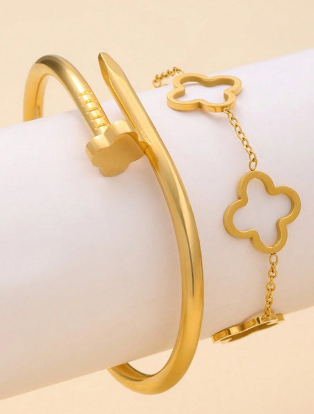 Sparkling Clover Rivet Bracelet & Bangle Set